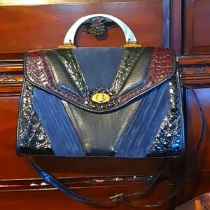 Vtg 80s Mock Croc Suede Satchel Tote